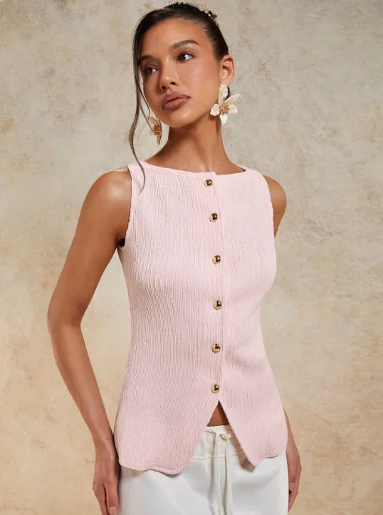 Gold Single-Button Sleeveless Knitted Vest Top Cross-Border Style Elegant Commute Fashion for Women in 2026 Spring Season