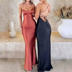 New Fashion Backless Women's Evening Dresses Slash Neck Spaghetti Strap Satin Dress Spring and Summer High Waist Slim Lady Dress