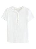 FSLE New Summer Women's Fitted Short Sleeve White T-Shirt with Buttons Soft Cotton Lyocell Office Commute Daily Versatile Top