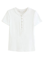 FSLE New Summer Women's Fitted Short Sleeve White T-Shirt with Buttons Soft Cotton Lyocell Office Commute Daily Versatile Top
