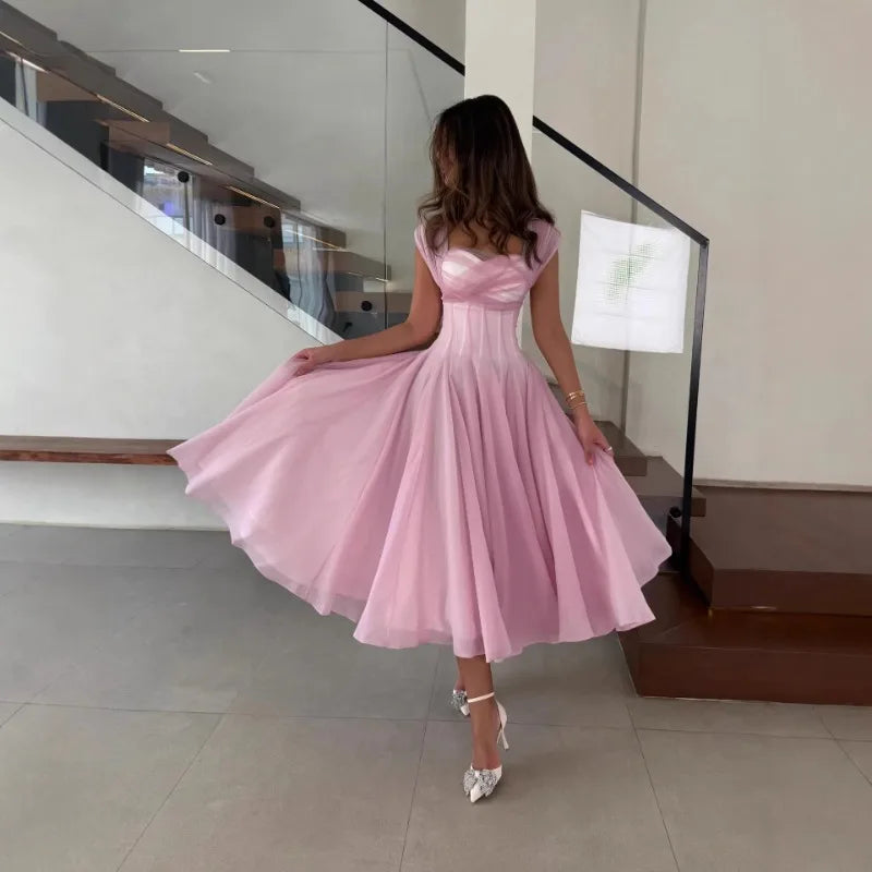 Women's Elegant Tulle Formal Dress Summer Sexy Square Neck Corset Waist A-Line Tea-Length Gown for Wedding Cocktail Party