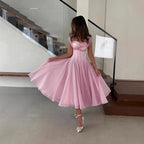 Women's Elegant Tulle Formal Dress Summer Sexy Square Neck Corset Waist A-Line Tea-Length Gown for Wedding Cocktail Party