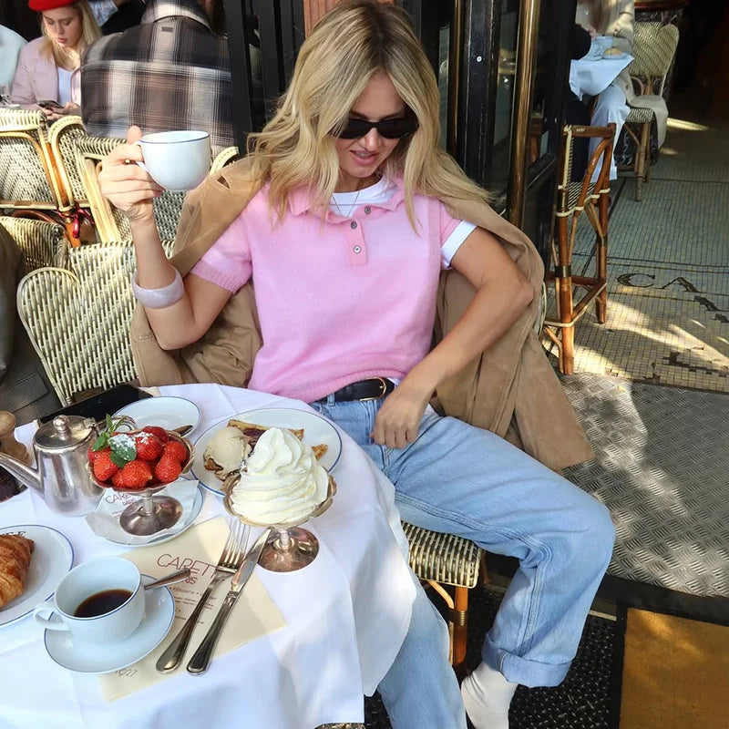Tornova Mohair Knitted T-shirt for Women Casual Short Sleeve Lapel Loose Sweater Top Solid Summer 2026 New Office Lady T Shirt