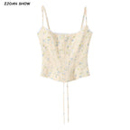 Summer Sexy Corset Yellow Floral Print Tie Bow Strap Camis Women Cross Lacing Up Bandage Bow Back Tank Top Slim Fit Vest Tee