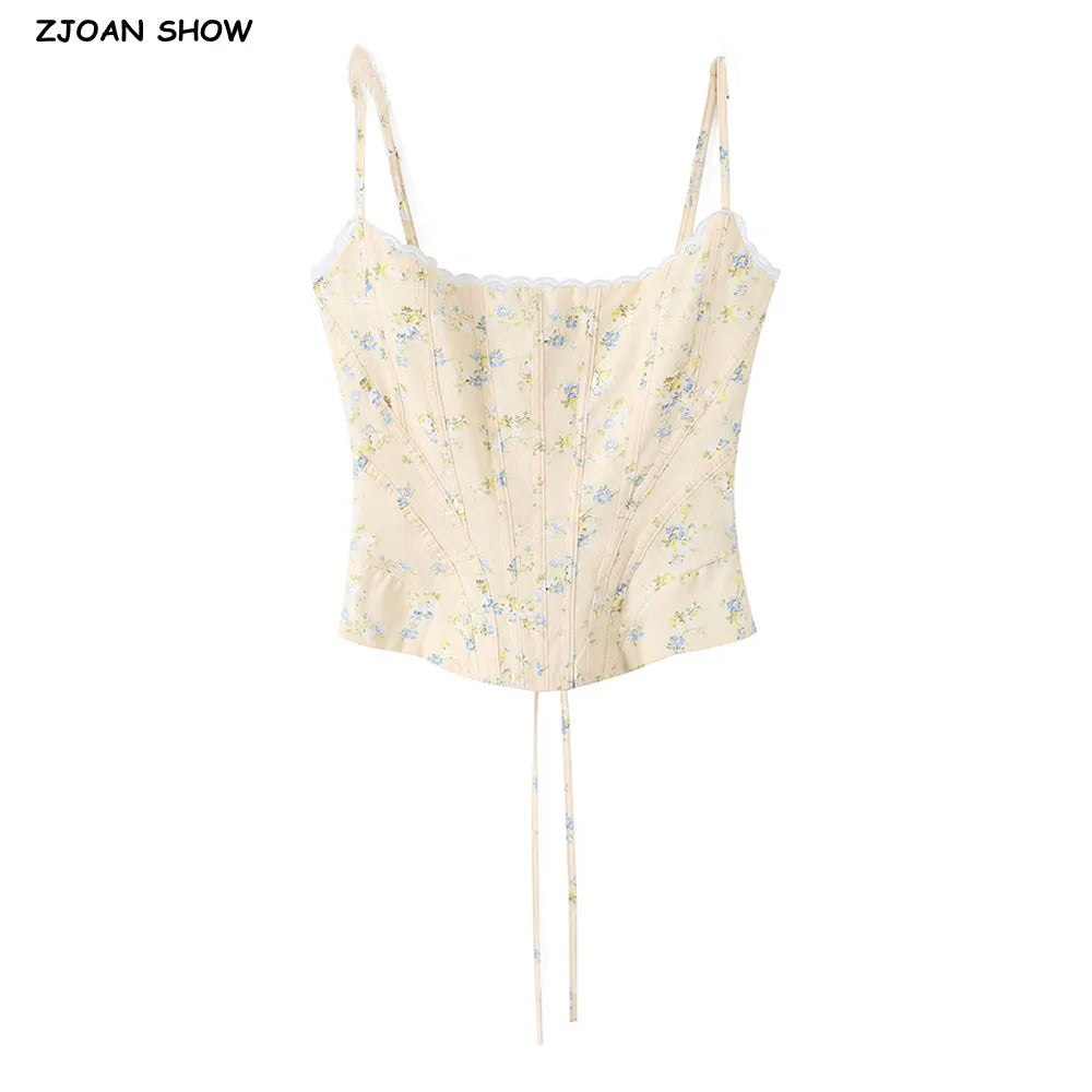 Summer Sexy Corset Yellow Floral Print Tie Bow Strap Camis Women Cross Lacing Up Bandage Bow Back Tank Top Slim Fit Vest Tee