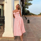 Sexy Pink Corset Midi Sun Dress Women's Lace Up Slit Dresses Female Bandage Sundress White Black Blue Yellow Red 2025 Summer New