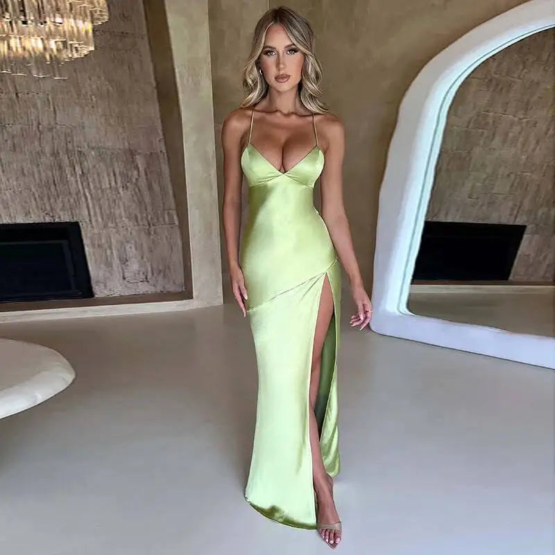 Giyu Sexy Satin Evening Night Club Party Dresses Women Summer Maxi Long Dress Backless Sleeveless Split Bodycon Gown Vestidos