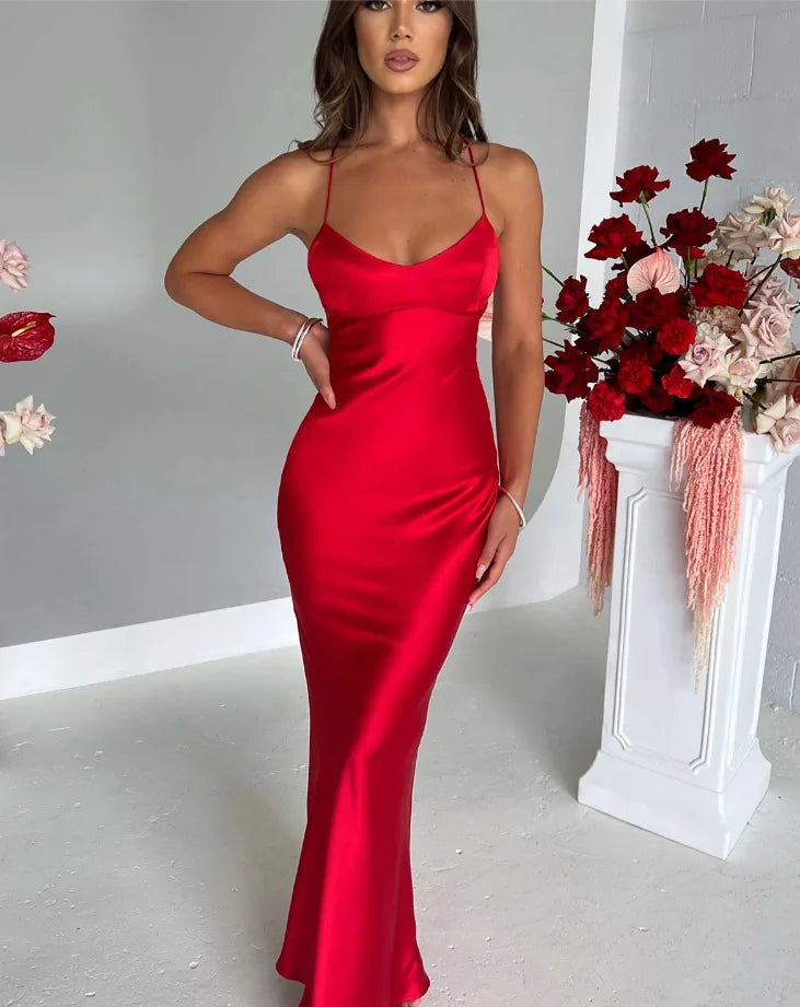 New Fashion Backless Women's Evening Dresses Slash Neck Spaghetti Strap Satin Dress Spring and Summer High Waist Slim Lady Dress