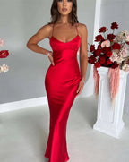 New Fashion Backless Women's Evening Dresses Slash Neck Spaghetti Strap Satin Dress Spring and Summer High Waist Slim Lady Dress