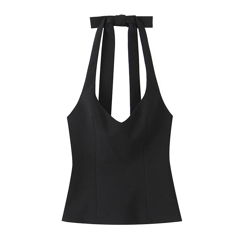 Chu Sau beauty Women New Fashion Sweet Bow Chic Sleeveless Small Tops Vintage Halter V-Neck Sexy Backless Tank Top