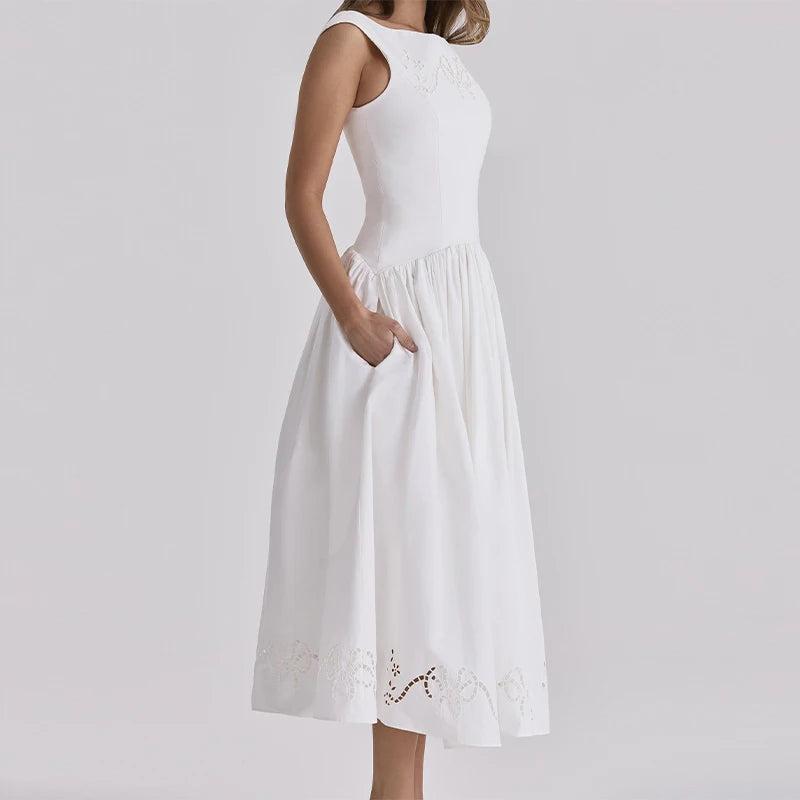 Chic Vintage White Boat Neck Dress Embroidered Cap Sleeve Cutwork Hem High Waist Flowy A-line Gown 2026 New Evening Party Outfit