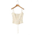 Summer Sexy Corset Yellow Floral Print Tie Bow Strap Camis Women Cross Lacing Up Bandage Bow Back Tank Top Slim Fit Vest Tee