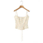 Summer Sexy Corset Yellow Floral Print Tie Bow Strap Camis Women Cross Lacing Up Bandage Bow Back Tank Top Slim Fit Vest Tee