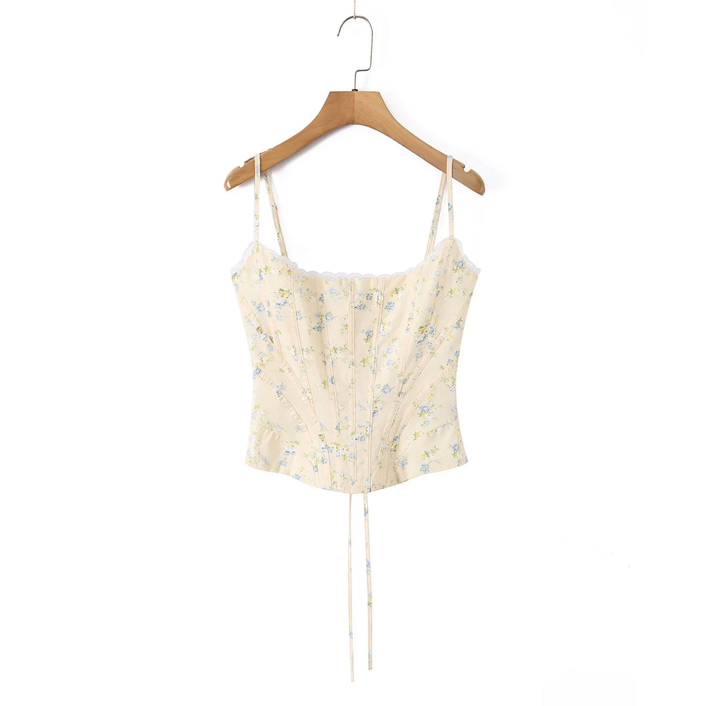 Summer Sexy Corset Yellow Floral Print Tie Bow Strap Camis Women Cross Lacing Up Bandage Bow Back Tank Top Slim Fit Vest Tee