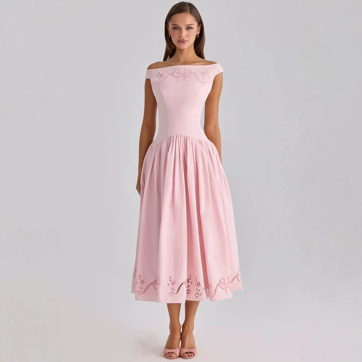 Chic Vintage White Boat Neck Dress Embroidered Cap Sleeve Cutwork Hem High Waist Flowy A-line Gown 2026 New Evening Party Outfit