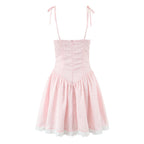 Women Sexy Pink White Jacquard Floral Bow Lacing Up Sling Dress Low Waist Spliced Lace Ball Gown Mini Dresses Party Robe