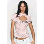 Summer New Women's Casual Style Short Sleeve Zhongshan Collar Polka Dot Slit Top Skin-friendly Breathable Polyester Fiber