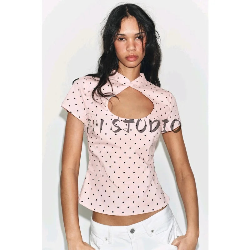 Summer New Women's Casual Style Short Sleeve Zhongshan Collar Polka Dot Slit Top Skin-friendly Breathable Polyester Fiber