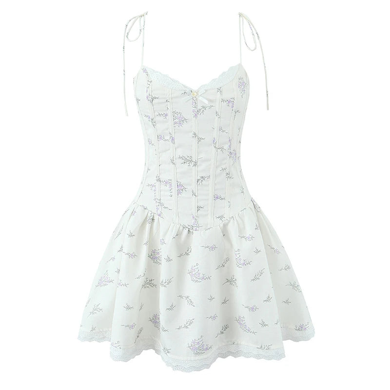 Sweet Girl Lace Spliced Floral Print Sexy Spaghetti Straps Dress Women V Neck Low Waist A-line Mini Summer Dresses Party Vestido