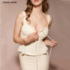 2024 Apricot Spliced Lace Bow Ruched Chest Embroidery Sexy Corset Women Summer Tank Tops Pleated Slim Through Buttons Crop Top