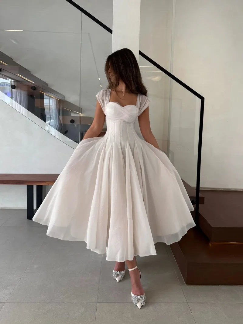 Women's Elegant Tulle Formal Dress Summer Sexy Square Neck Corset Waist A-Line Tea-Length Gown for Wedding Cocktail Party