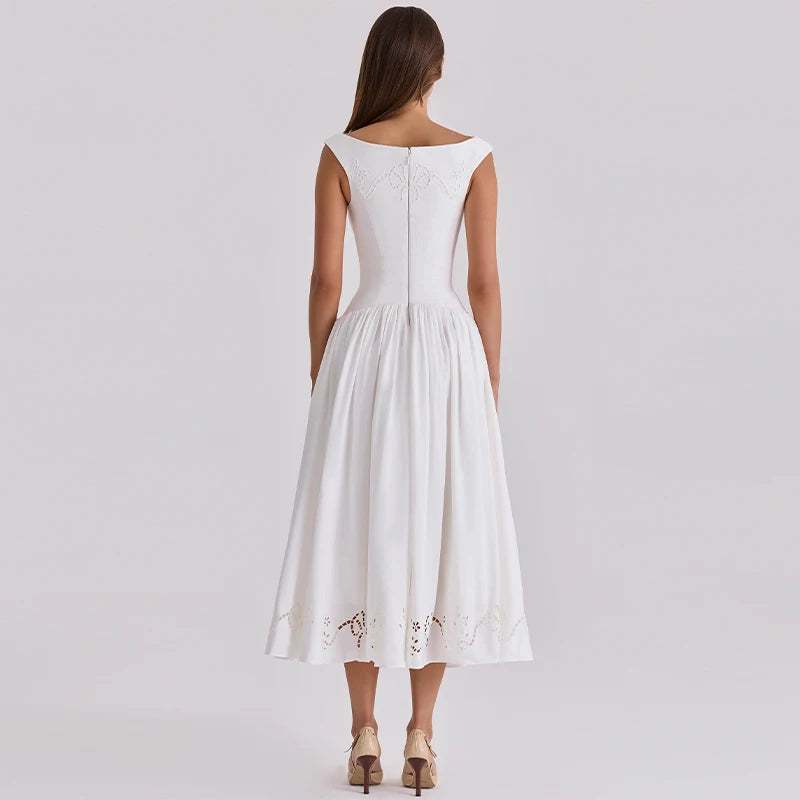 Chic Vintage White Boat Neck Dress Embroidered Cap Sleeve Cutwork Hem High Waist Flowy A-line Gown 2026 New Evening Party Outfit