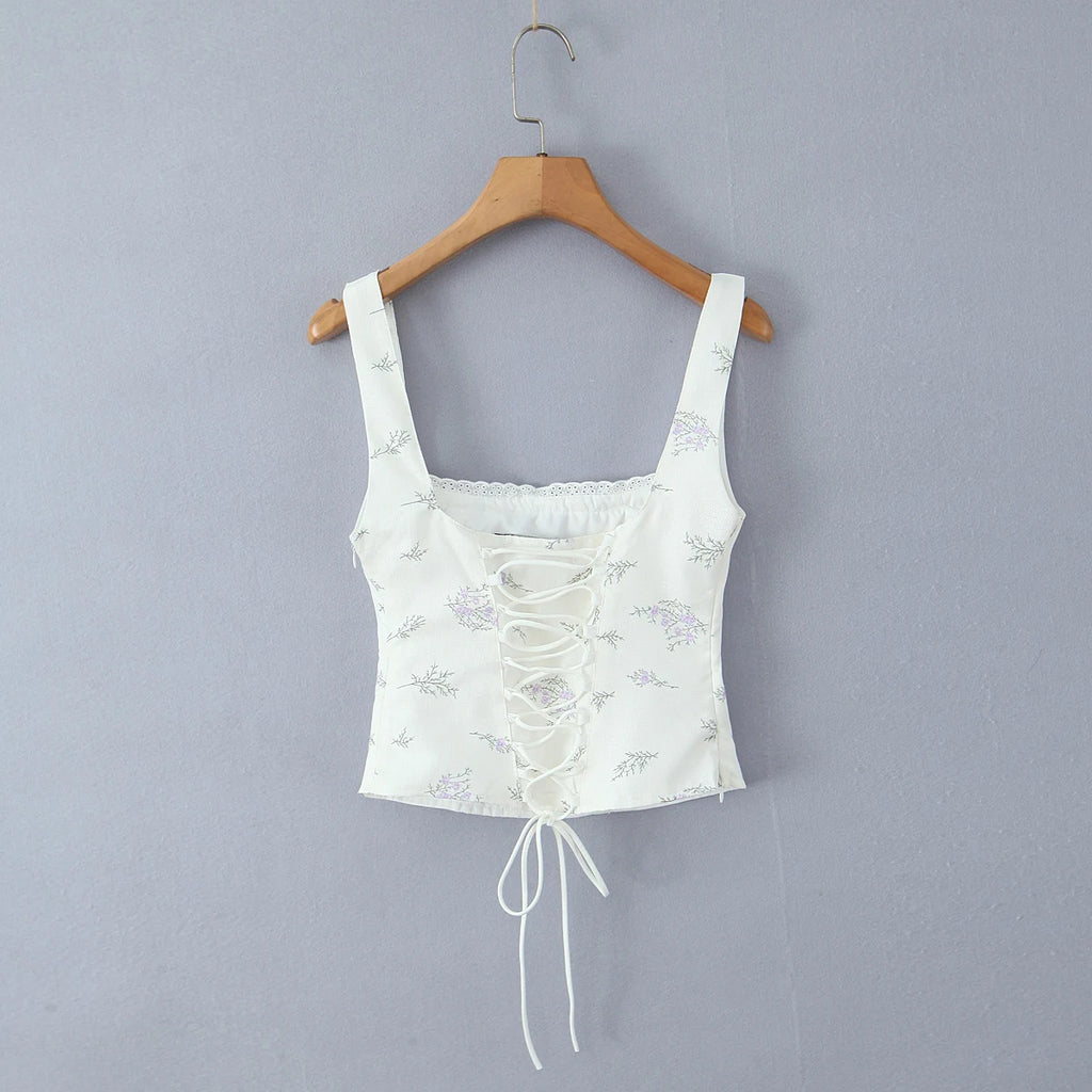 2025 Summer Sexy Floral Print Corset Camis Women Cross Lacing Up Bandage Bow Back Tank Top Slim Fit Vest Tee