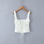 2025 Summer Sexy Floral Print Corset Camis Women Cross Lacing Up Bandage Bow Back Tank Top Slim Fit Vest Tee