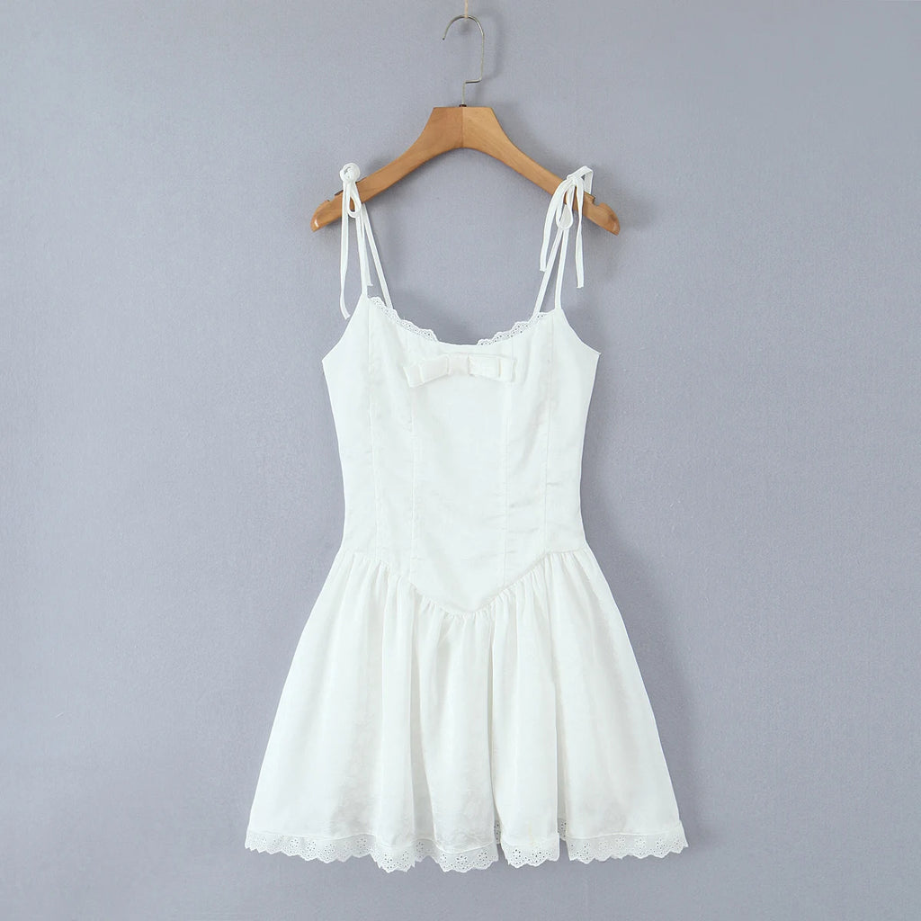 Women Sexy Pink White Jacquard Floral Bow Lacing Up Sling Dress Low Waist Spliced Lace Ball Gown Mini Dresses Party Robe