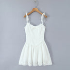 Women Sexy Pink White Jacquard Floral Bow Lacing Up Sling Dress Low Waist Spliced Lace Ball Gown Mini Dresses Party Robe