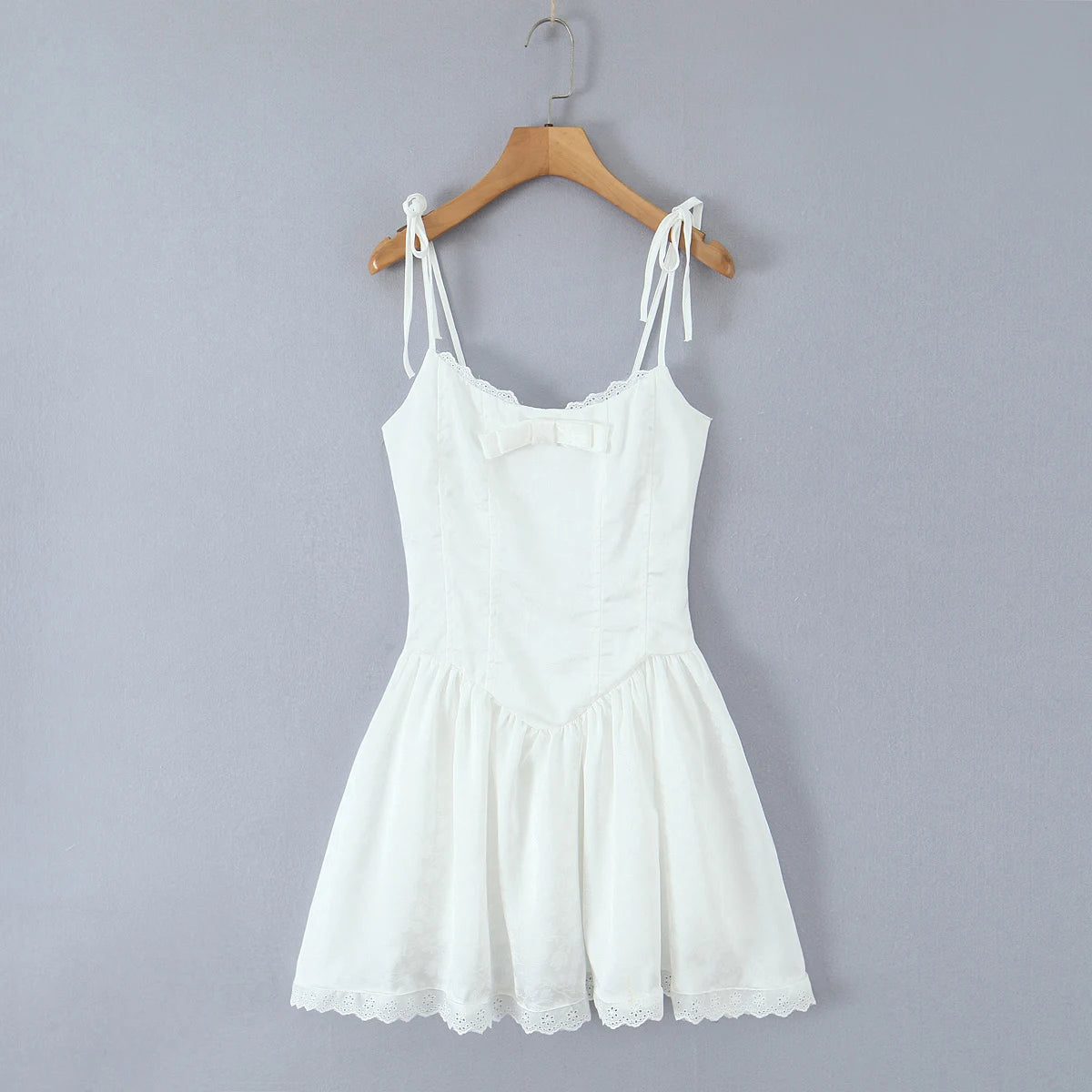 Women Sexy Pink White Jacquard Floral Bow Lacing Up Sling Dress Low Waist Spliced Lace Ball Gown Mini Dresses Party Robe