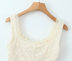2024 Apricot Spliced Lace Bow Ruched Chest Embroidery Sexy Corset Women Summer Tank Tops Pleated Slim Through Buttons Crop Top