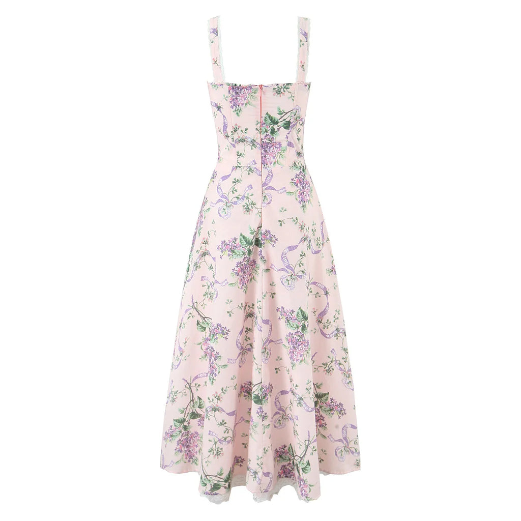 2025 Romantic Pink Floral Print Bow Ruched Bra Chest Sling Dress Women Low Waist Fold Swing Lace Lining Midi Long Dresses Robe