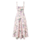 2025 Romantic Pink Floral Print Bow Ruched Bra Chest Sling Dress Women Low Waist Fold Swing Lace Lining Midi Long Dresses Robe