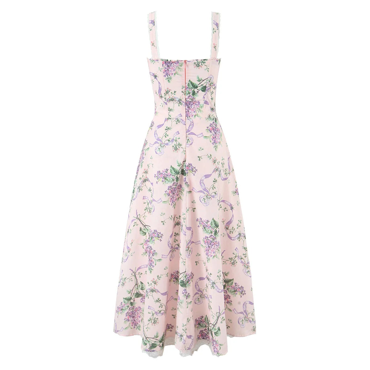 2025 Romantic Pink Floral Print Bow Ruched Bra Chest Sling Dress Women Low Waist Fold Swing Lace Lining Midi Long Dresses Robe