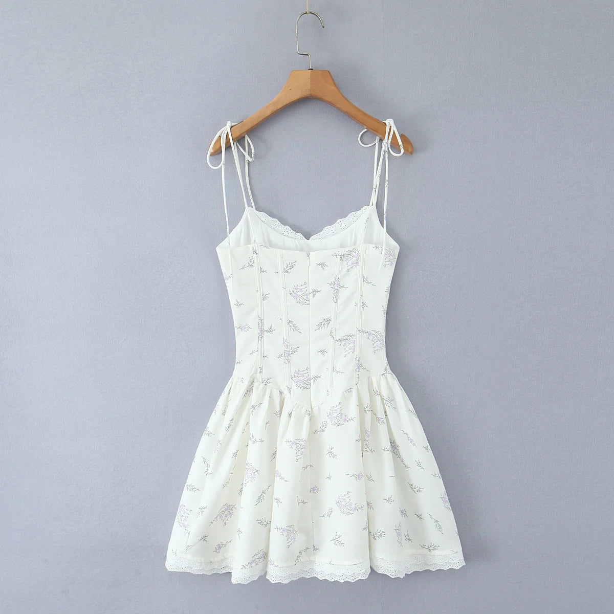 Sweet Girl Lace Spliced Floral Print Sexy Spaghetti Straps Dress Women V Neck Low Waist A-line Mini Summer Dresses Party Vestido