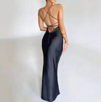 New Fashion Backless Women's Evening Dresses Slash Neck Spaghetti Strap Satin Dress Spring and Summer High Waist Slim Lady Dress