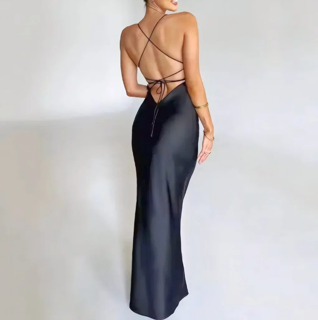 New Fashion Backless Women's Evening Dresses Slash Neck Spaghetti Strap Satin Dress Spring and Summer High Waist Slim Lady Dress