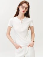 FSLE New Summer Women's Fitted Short Sleeve White T-Shirt with Buttons Soft Cotton Lyocell Office Commute Daily Versatile Top