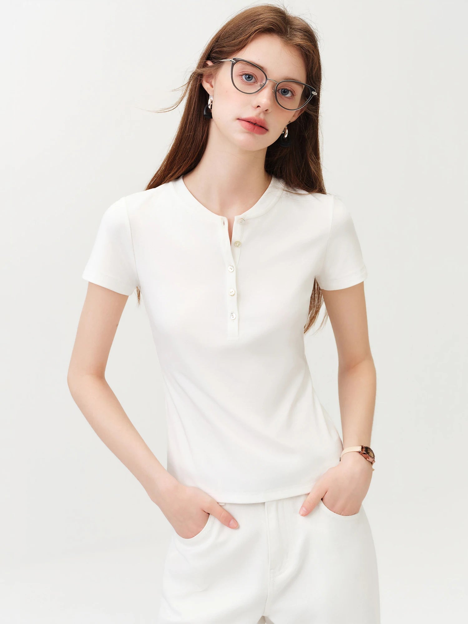 FSLE New Summer Women's Fitted Short Sleeve White T-Shirt with Buttons Soft Cotton Lyocell Office Commute Daily Versatile Top