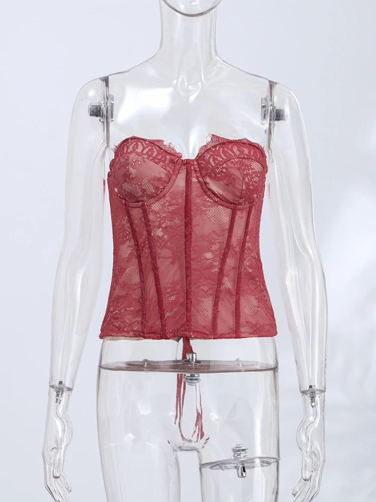 Women's Corset Tops Lace Hollow Out Fishbone Bandage Top Spring Female Waist Cinching Sheath Tube Top Transparent Lady Clubwear