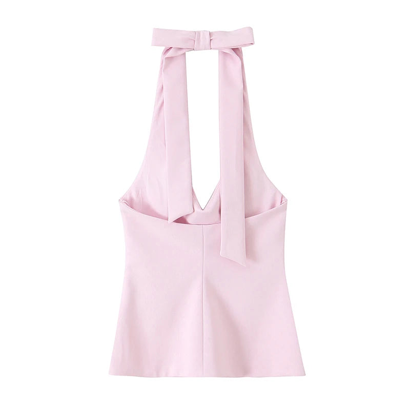 Chu Sau beauty Women New Fashion Sweet Bow Chic Sleeveless Small Tops Vintage Halter V-Neck Sexy Backless Tank Top