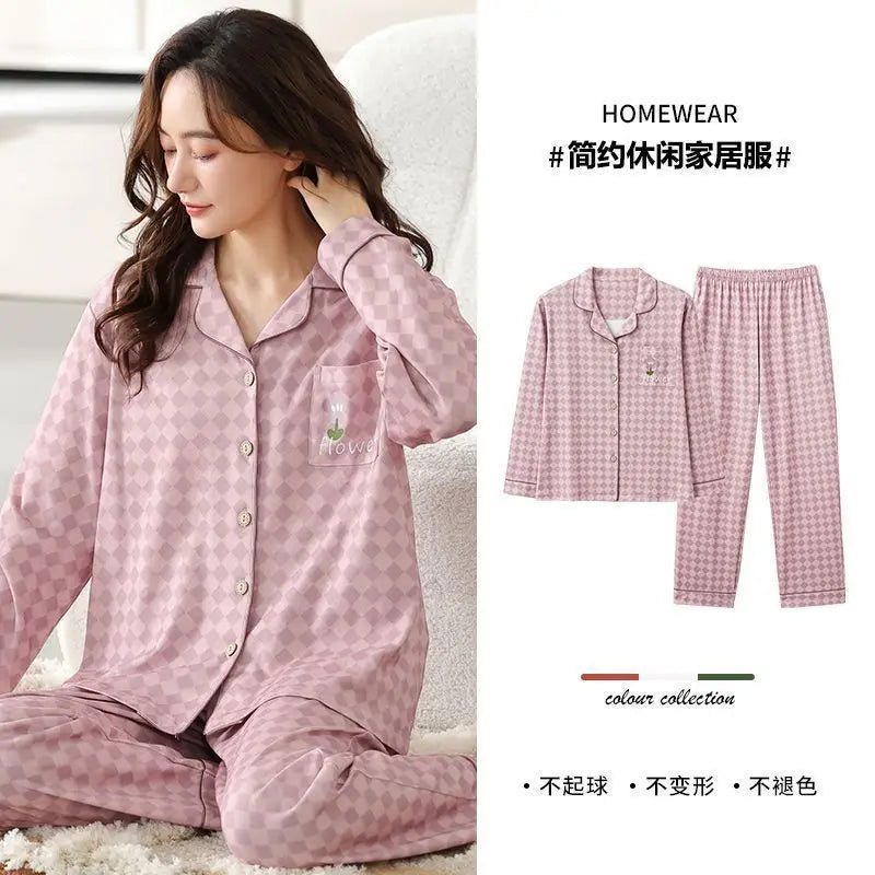 Spring Autumn Loose Long Sleeve Sleepwear Thin Home Clothes Set for Women Cotton Comfortable Home Suit Large Size Options
