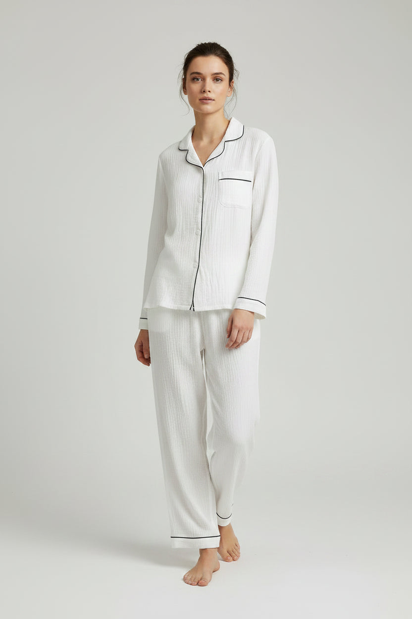 Cotton Lapel Pajama Set for Women Thin Plus Size 3xl Long Sleeved Long Pants Home Wear Clothes Solid Color Conjunto Femenino