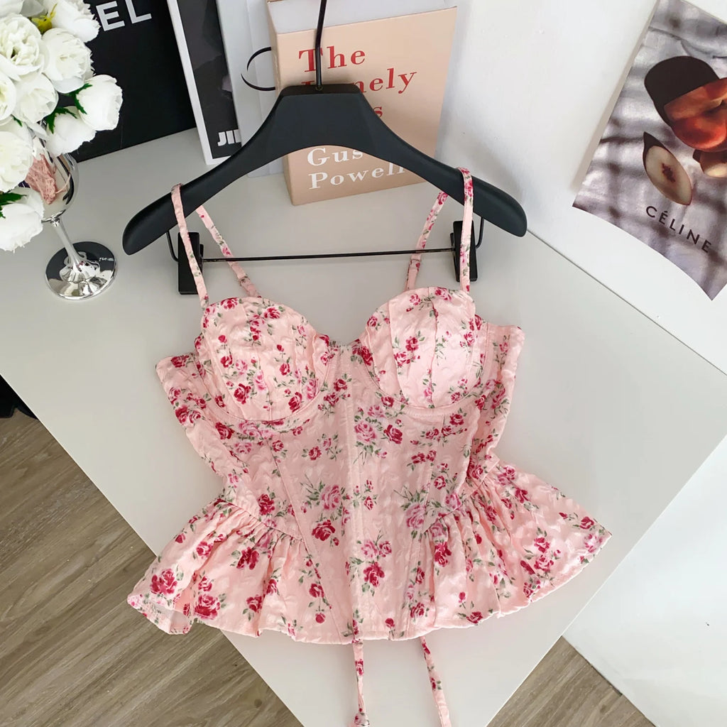 Sweet Spicy Floral Print Crop Top Women's Summer Pure Desire Versatile Bell Bottom Sleeveless Vest Belted Waist Halter Neck
