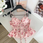 Sweet Spicy Floral Print Crop Top Women's Summer Pure Desire Versatile Bell Bottom Sleeveless Vest Belted Waist Halter Neck