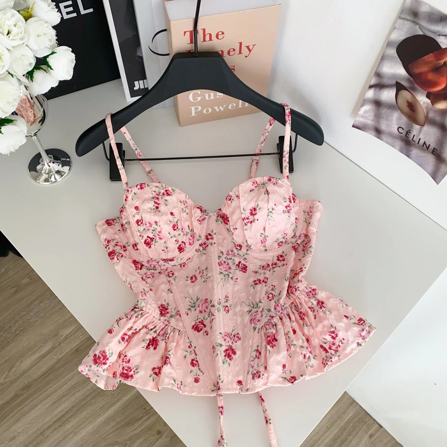 Sweet Spicy Floral Print Crop Top Women's Summer Pure Desire Versatile Bell Bottom Sleeveless Vest Belted Waist Halter Neck
