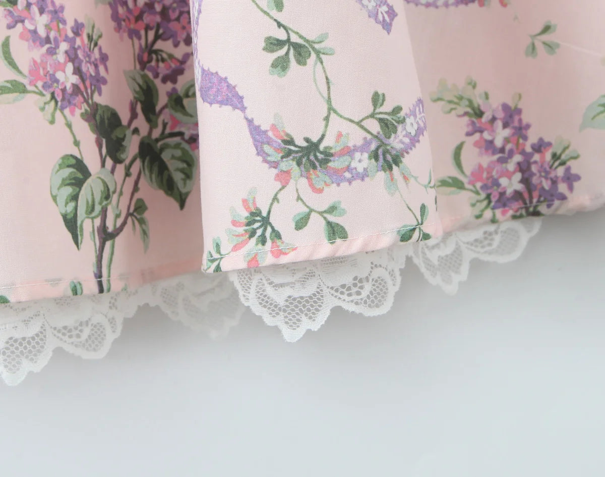 2025 Romantic Pink Floral Print Bow Ruched Bra Chest Sling Dress Women Low Waist Fold Swing Lace Lining Midi Long Dresses Robe