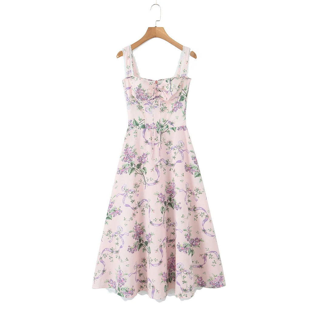 2025 Romantic Pink Floral Print Bow Ruched Bra Chest Sling Dress Women Low Waist Fold Swing Lace Lining Midi Long Dresses Robe