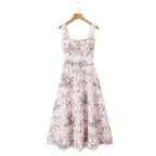 2025 Romantic Pink Floral Print Bow Ruched Bra Chest Sling Dress Women Low Waist Fold Swing Lace Lining Midi Long Dresses Robe